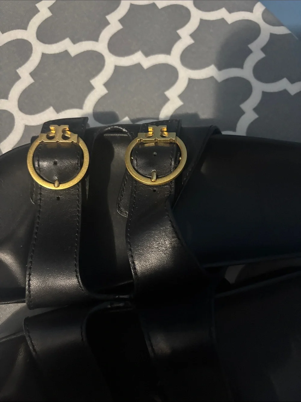 Tory Burch Black Leather Double-Buckle Slide Sandals with Gold Hardware